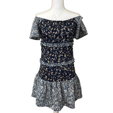 StyleHouse Women Tiered Off Shoulder Ruched Floral Stretchy Dress Boho, Sz Large