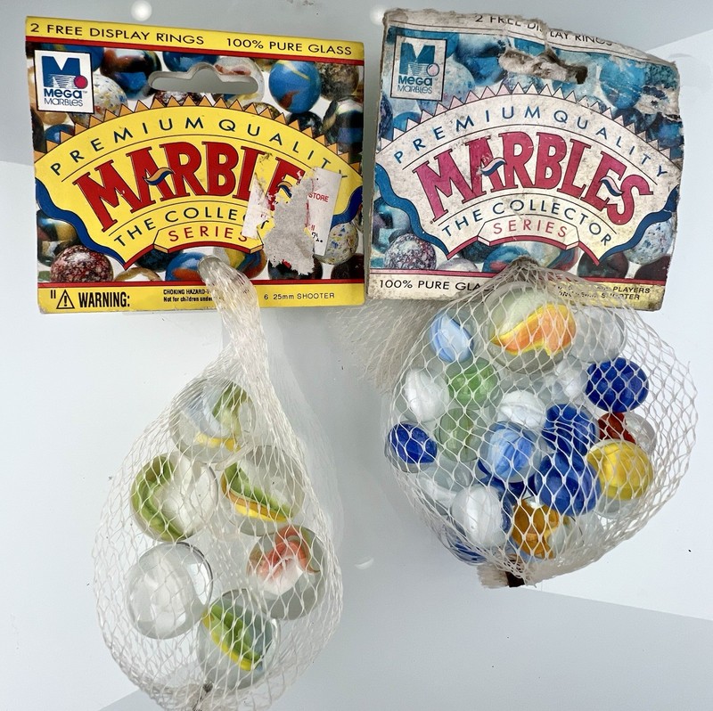 Mega Marbles SC Cat's Eye Lot 42 Glass Marbles 7 Shooters Vintage Net Bag Vacor