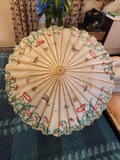 Vintage Japanese Handpainted Bamboo Rice Paper Parasol Great Quality Some Rips 