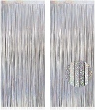 2 Pack Fringe Curtains Backdrops, Foil Fringe Curtains, Door Glitter Silver