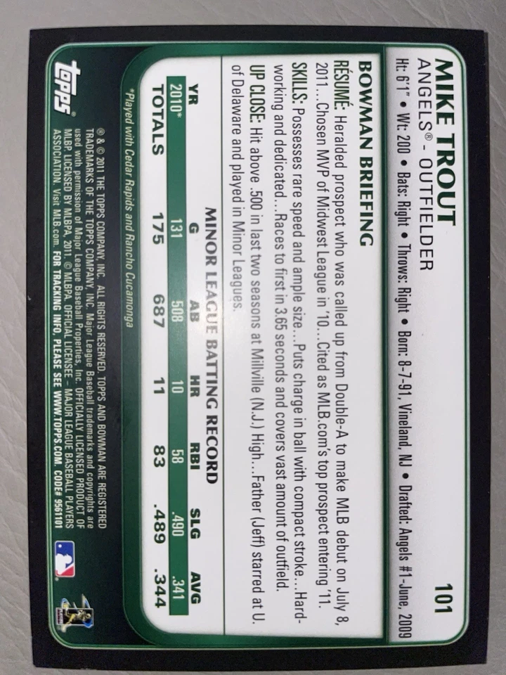 Mike Trout 2011 Bowman Draft Picks And Prospects RC #101 Los Angeles Angels Foto 2 de 2