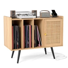 Record Player Stand w/ Charging Station & Rattan Cabinet Adjustable Shelf
