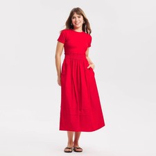 A New Day Women's Short Sleeve Smocked Waist Midi T-Shirt Dress - Red