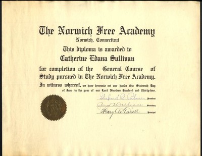 Norwich Free Academy General Course of Study Diploma 1932 CT
