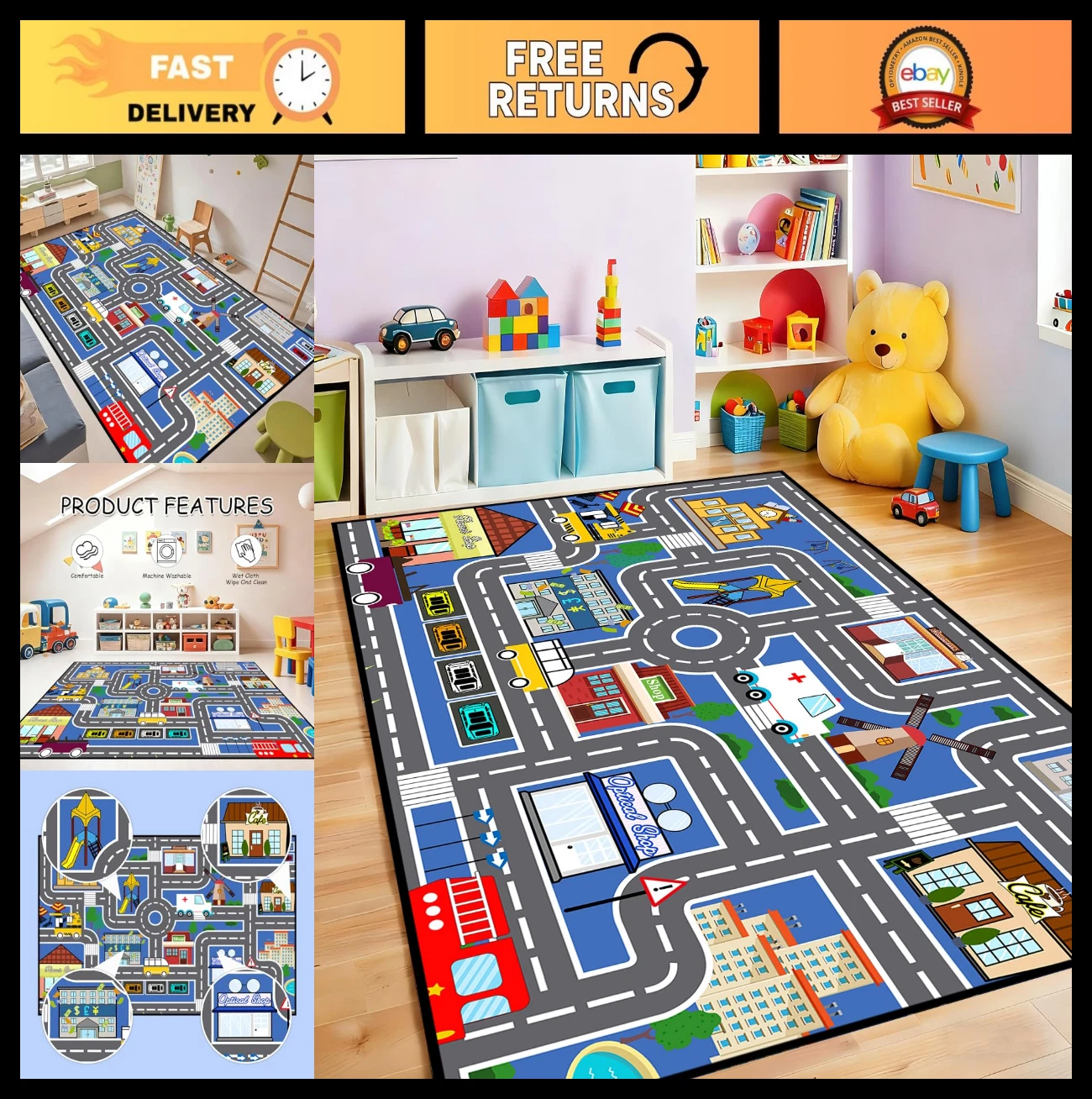 Large 5x7 ft Kids Car Rug - Blue Traffic Road Play Mat, Educational City Carpet