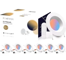 Powerasia 6 Pack  5/6 Inch Smart RGBCW + Night Light Recessed LED Lights w/ Hub