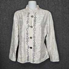 Chicos Blazer Jacket Womens 1 Medium 100 Silk Ivory Silver Abstract Metallic