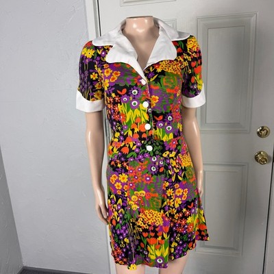 Vintage 70s Polyester Knit Mini Dress Party Skirt Top Set Floral Vibrant H3-18