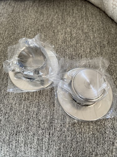 Vintage WMF Cromargan Stainless Steel 2 espresso cups and Saucers, New In Box