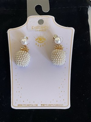 EYE CANDY LA GOLD TONE PINEAPPLE CRYSTAL & IMITATION PEARL DROP EARRINGS 1,5 