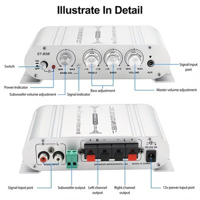 12V 400 Watt 2.1Channel Car Audio Stereo Amplifier Speaker Power Class A/ B Amp