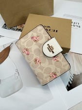CAR13 Medium Corner Zip Wallet Signature Canvas Floral Print Sand Multi With Box