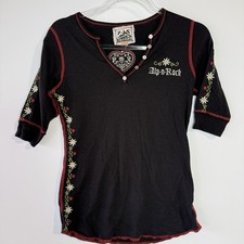 Alp N Rock Arosa Top Women 2 (M) Black Swiss Embroidered Edelweiss short Sleeve