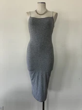 J LUX-LABEL STRETCHY PENCIL BODYCON MIDI DRESS HEATHERED GRAY SZ M EUC