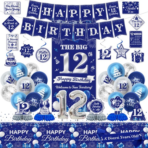 12th Decorations Boy, Blue Silver Happy 12 Party Decor Supplies for Boy 12 Ye...