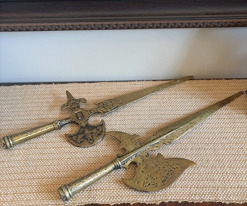 Vintage MCM Set Of Two Gold Cast Metal Medieval Halberd Axe Wall Decoration