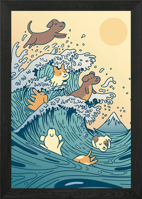 Hunde schwimmen große Welle gerahmtes Wandbild Poster Leinwanddruck Bild