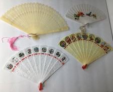 4 Vintage Plastic Celluloid Hand Fan Tassel, Hong Kong Faux Ivory, Floral A6