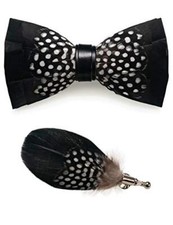Handmade Feather Pre-tied Bow tie and Brooch Sets for Men Black/White