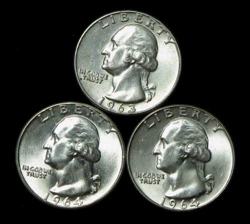 3pcs 1963-D+64+64-D Washington Quarter Silver BU Coin (K19)