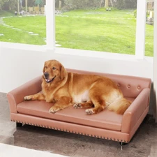 Large Dog Sofa Couch Raised Calming Dog Bed Leather Lounger Waterproof Snuggle