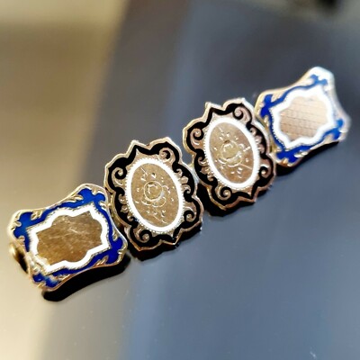 Brosche Napoleon Iii vergoldet guillochiert Emaille weiß blau und schwarz 50x12mm