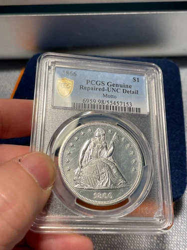 (#101522) Seated Liberty Dollar: 1866. PCGS unc det.  better date! (see video)