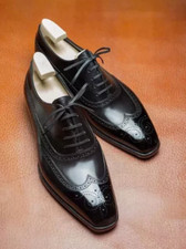 New Men's Handmade Black Leather Oxford Wingtip Brogue Lace Up Dress Shoes Men