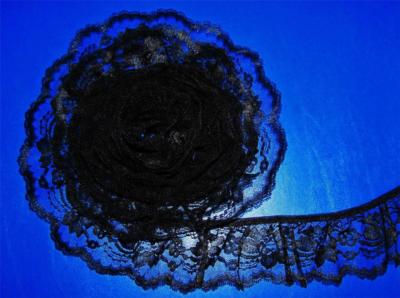 BLACK~3 Inch Wide Ruffled Floral Lace Trim~By 5 Yards