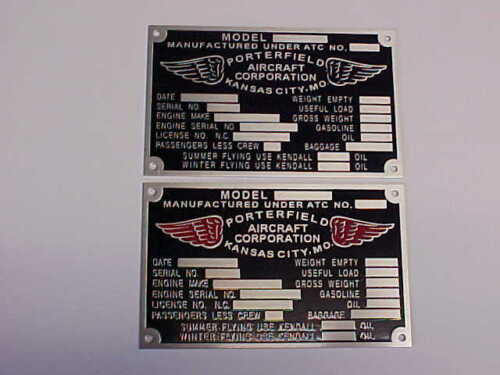 Porterfield-Aircraft-Plate-1930-039-s-1940s-Acid-Etched-Aluminum-or-Brass-CHOICE