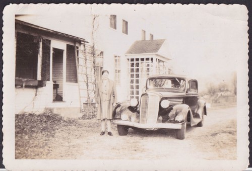 1935 Buick Coupe with woman in overcoat vernacular photo Quincy MA
