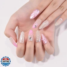 evpct Spring and Summer Press on Nails Medium Almond, Pearl White Pink Fake N