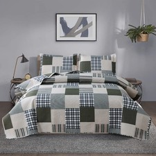 Twin Size Quilt Set Plaid Patchwork Bedding Reversible Bedspread Quilt Stripe...