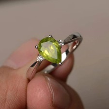 2CT Pear Lab Created Green Peridot Women's Wedding Ring 14K White Gold Plated