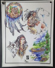 Original VINTAGE Traditional SHOP USED Judy Parker Tattoo Flash Sheet Natives