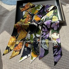 Sallys Pure Silk Long Scarf Ribbon Flowers Print Hairband Bag Necktie 100 6cm