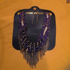 Fashion Jewellery Statement Bib Necklace Blue Beaded Fringe Chain Design