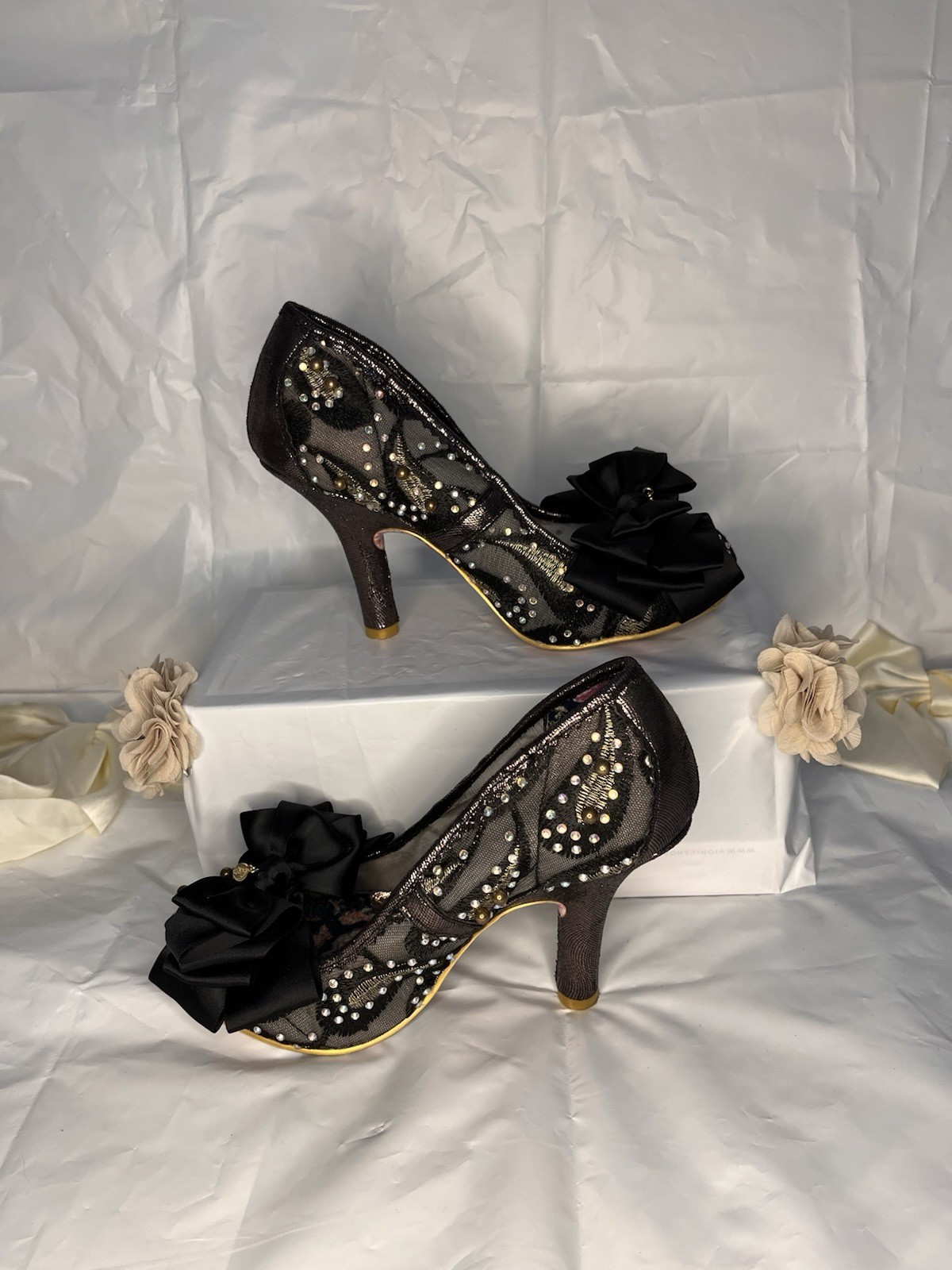 Irregular Choice Mesh Gem Bow Heels Black Size 5 Rare Worn Once With Box