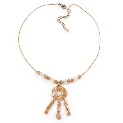 Ethno gehämmerter Medaillon Anhänger mit goldfarbener Perlenkette - 40 cm L/4 cm Ext