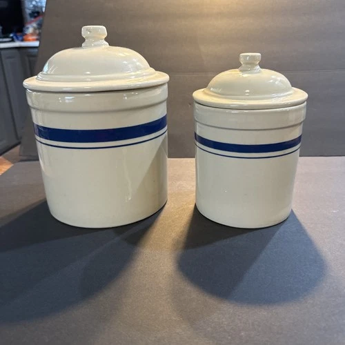 2 qt. & 1qt Roseville Ohio Canisters Cream With Blue Band. Complete With Lids