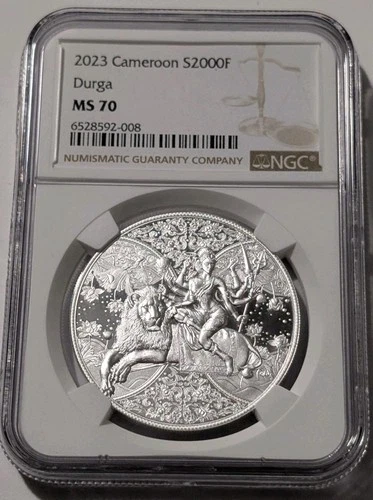 2023 CAMEROON 2000 FRANCS DURGA THE DIVINE MOTHER HIGH RELIEF NGC MS70 Silver