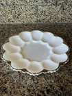 Vintage Milk Glass Deviled Egg Plate Fire King Anchor Hocking Gold Trim 10 in