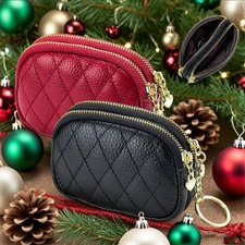 Womens Genuine Leather Zipper Coin Purse Card Holder Wallet Keyring Change Pouch