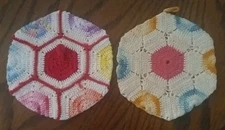 Lot of 2 Vintage Crocheted Potholders Trivets Multicolor Hexagonal