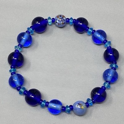 Glass Bead Bracelet Cobalt Blue Confetti Alternating Stretch Elastic 7.75''