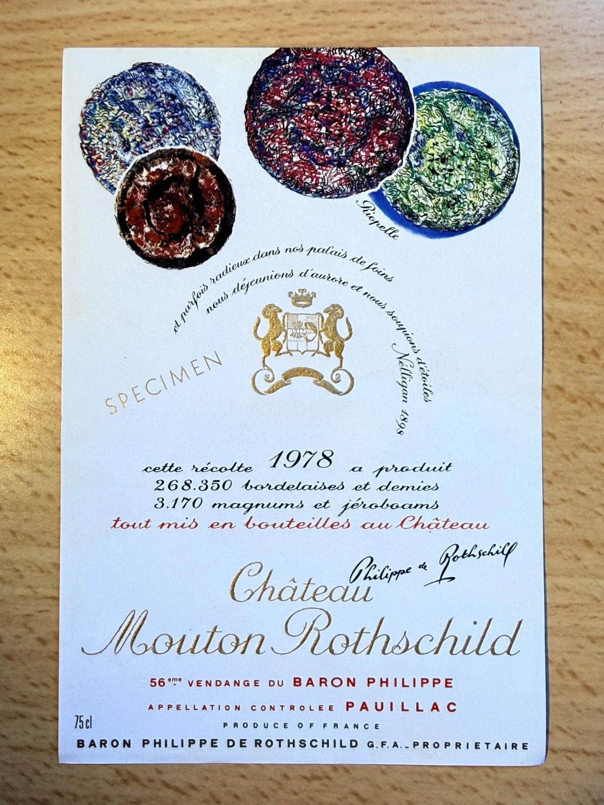 Étiquette De Vin Château Mouton Rotschild Spécimen 1978