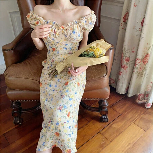 Damen Blumen Tee Kleid Puff Kurzarm Chiffon Rüschen Midi Retro Mode Freizeit - Bild 3 von 8