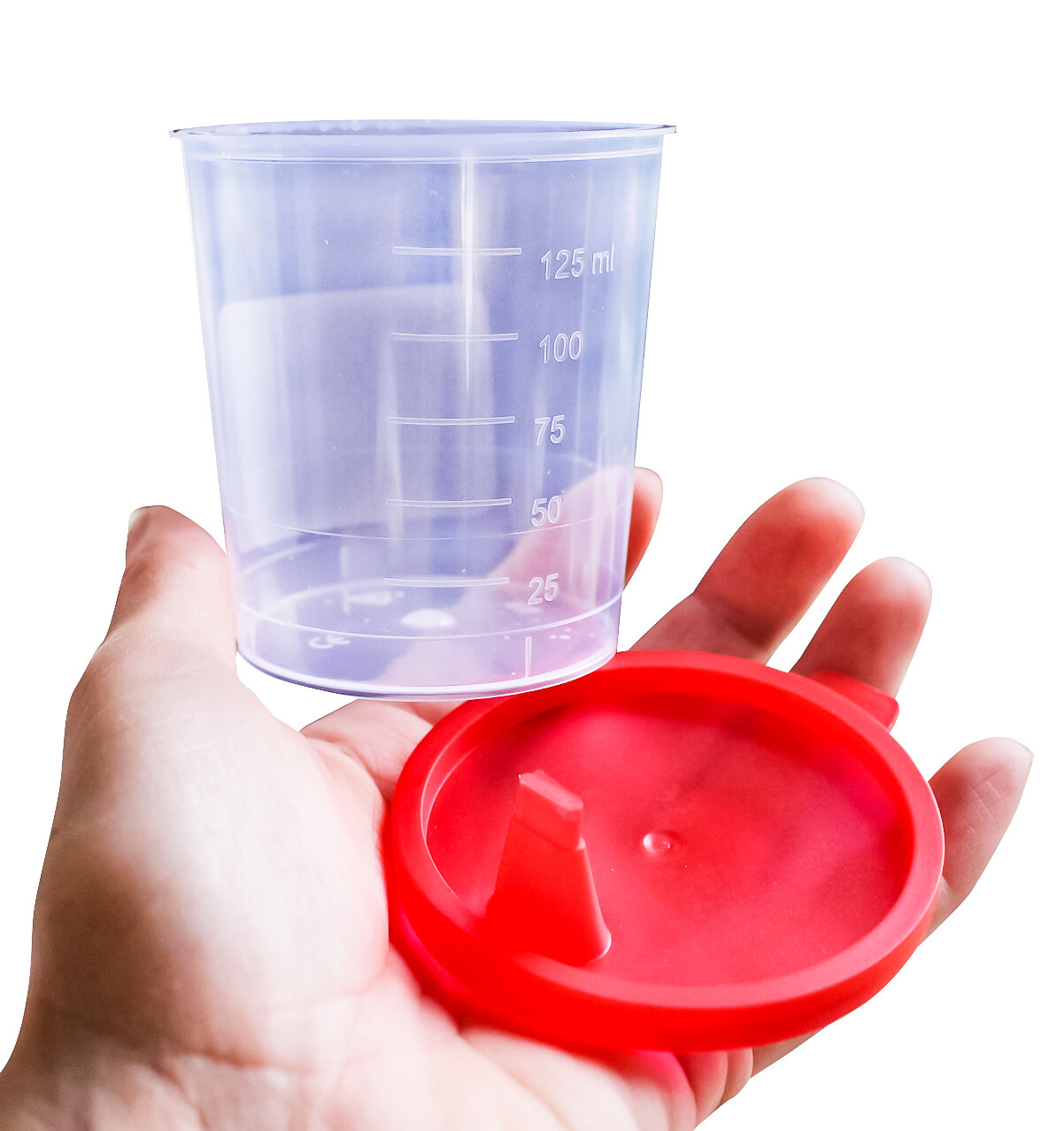 Urinbecher 125 ml mit Schnappdeckel, rot im Karton (500 St
