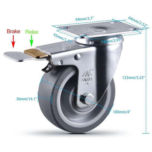 SET OF 4 Heavy Duty Plate Caster Wheels 4" BRAKE & SWIVEL - Picture 5 of 6