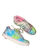 HEELYS SKATE SHOE, SIZE 5 GIRLS, PINK/RAINBOW WITH PURPLE HEARTS